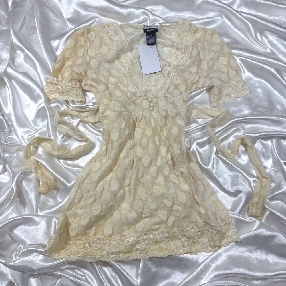 y2k rue21 Mesh Top Cream NEW Lace Polka Dot Sheer Empire Waist Fairycore M